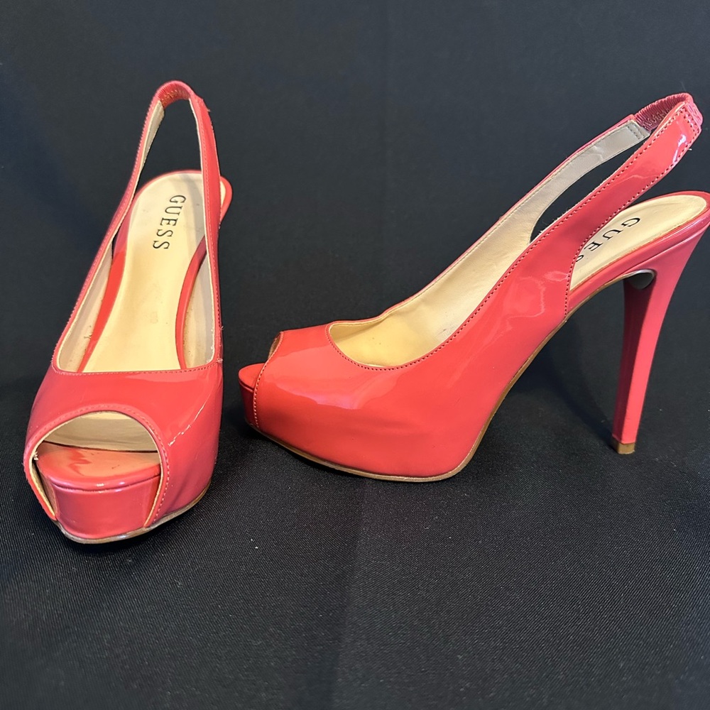 GUESS Coral/Salmon Platform Peep Toe Slingback Heels Sz 6.5